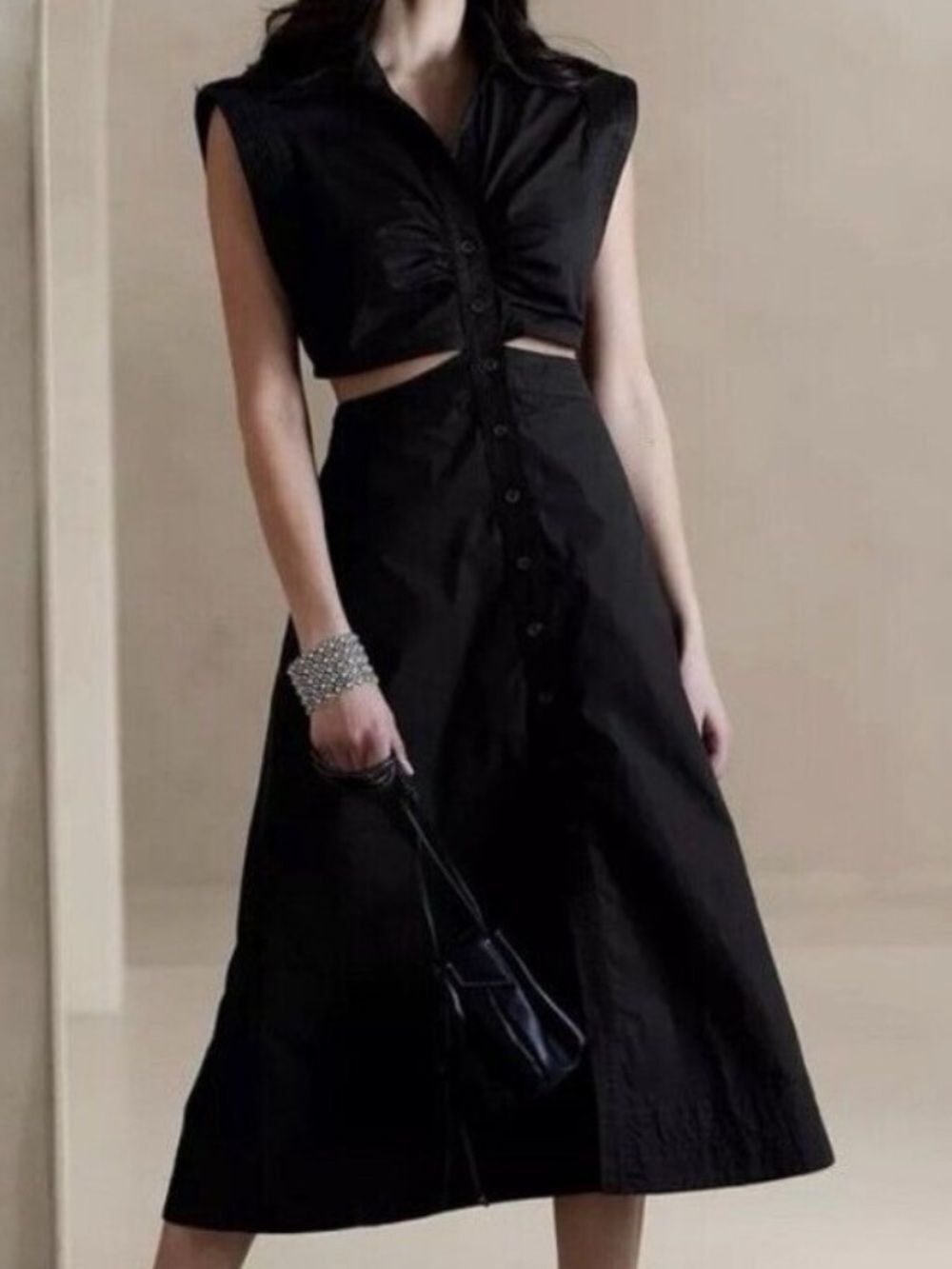 Yasmin Cut Out Black Button-Front Cutout Midi Dress
